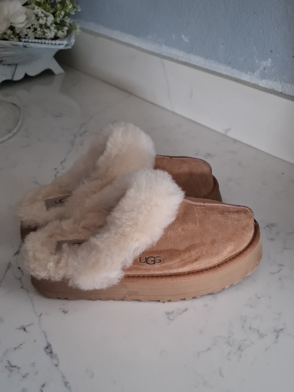 UGG Chestnut Suede Sheepskin Lined Slip-On Slippers
